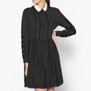 The Kooples Medium Black and White Polka Dot Pleated Collared Dress Lace Teacher